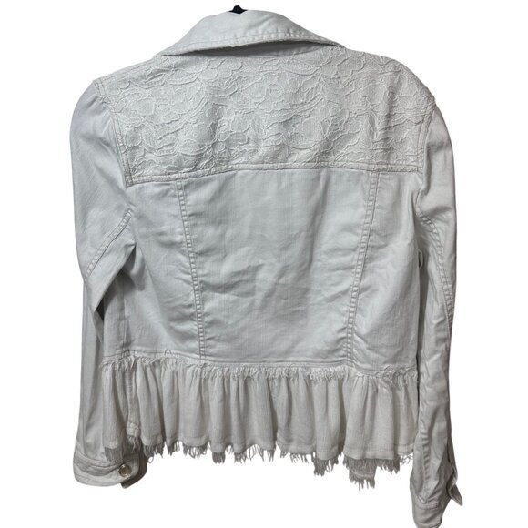 Chico’s White Lace Ruffle Hem Jean Jacket Size 1 Small Button Up - Picture 4 of 9
